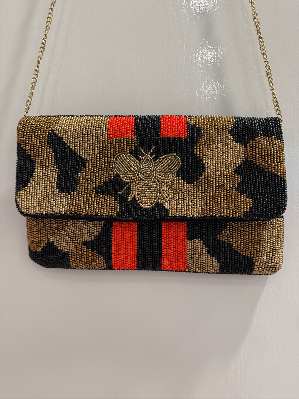 Beaded Bee Embellished Clutch - Brown/Black/Red - Picture 2 of 5